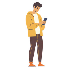 Young man using smartphone. Flat style vector illustration isolated on white background.