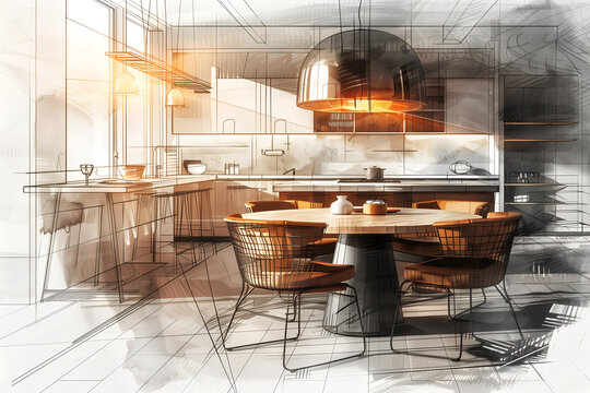 Hand drawn color sketch of modern luxury kitchen interior with panoramic window Interior design concept