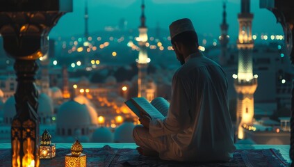 A man is reading the Quran with an open window overlooking Ramadan lights and a mosque. - obrazy, fototapety, plakaty