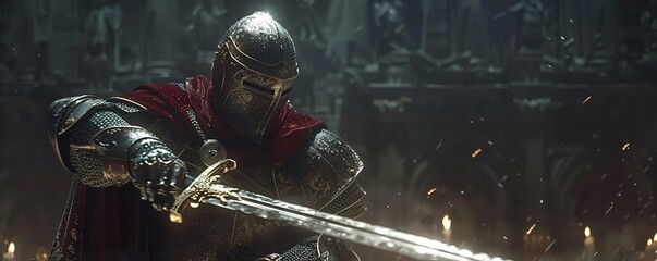Brave knight, armored and wielding a shining sword Scene - obrazy, fototapety, plakaty