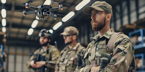 Military personnel in uniform strategizing and piloting drones in a secure facility. Concept Military Operations, Drone Technology, Security Measures, Strategic Planning, Tactical Combat - obrazy, fototapety, plakaty
