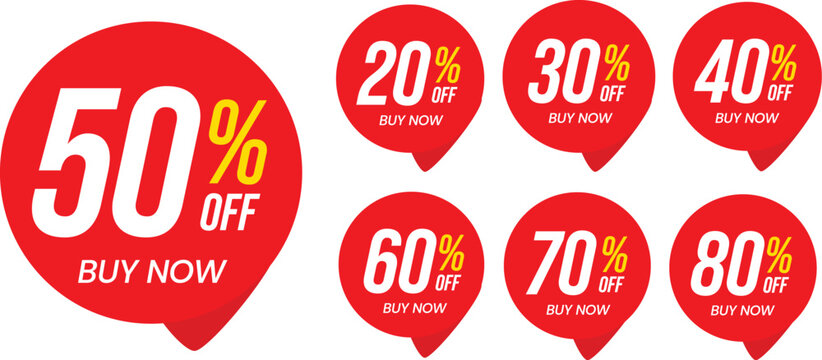 Different percent discount sticker discount price tag set. Red round speech bubble shape promote buy now with sell off up to 20, 30, 40, 50, 60, 70, 80 percentage vector illustration isolated on white