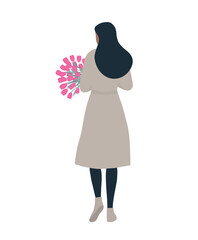 Cute woman with spring flowers in her hand. Young woman with a bouquet of pink tulips. Back view. Vector illustration