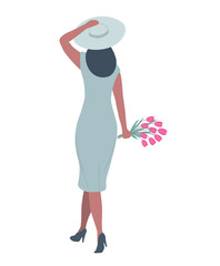 Cute woman with spring flowers in her hand. Beautiful woman in a gray dress and hat with a bouquet of pink tulips. Back view. Vector illustration