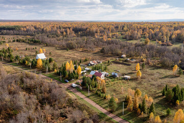 Southern Urals, Bashkiria, Krasnaya Polyana ecovillage. Aerial view.