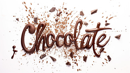 Word 'Chocolate' written chocolate glossy 3D text and chocolate pieces on a white background - obrazy, fototapety, plakaty
