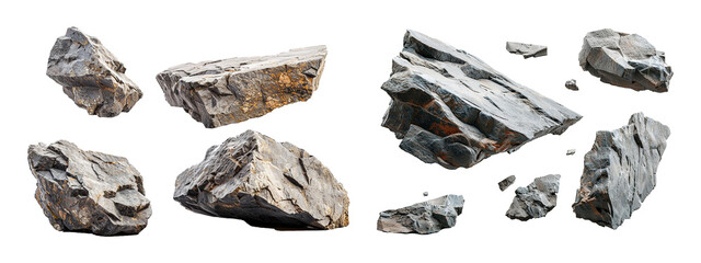 Collection of floating rock fragments isolated on transparent background. Generative AI