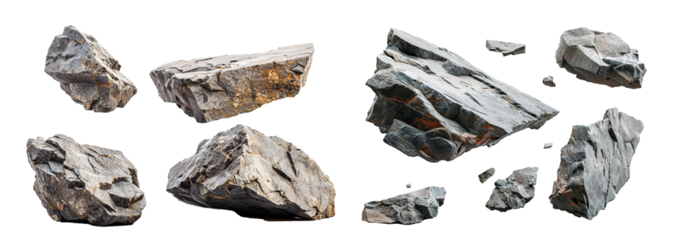 Collection of floating rock fragments isolated on transparent background. Generative AI