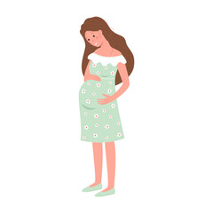 A happy full-length pregnant woman holds her hands on her stomach. Expecting a baby. Vector stock illustration.