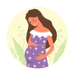 Pregnant woman with hands on her belly.Happy pregnancy.Vector stock illustration in flat style.