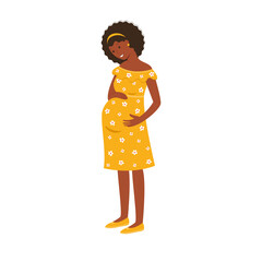 A happy full-length African-American pregnant woman holds her hands on her stomach. Expecting a baby. Vector stock illustration.