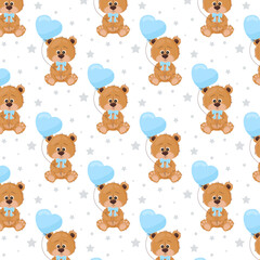 Kids seamless pattern. Pattern with cute teddy bear and heart shaped balloon in flat style for boy. Seamless pattern for textile, wrapping paper, background.