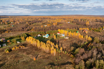 Southern Urals, Bashkiria, Krasnaya Polyana ecovillage. Aerial view. - obrazy, fototapety, plakaty