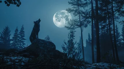 Fotobehang wolf howling by full moon. © ryanbagoez