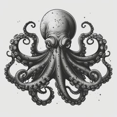 An intricate grayscale illustration of an octopus, highlighting its detailed tentacles and textured body.
