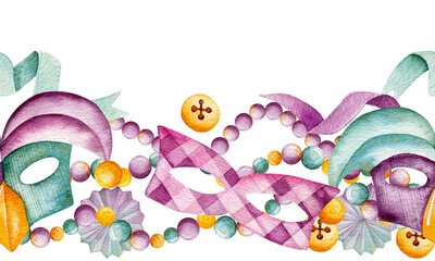 Seamless watercolor border. Hand-drawn carnival masks, beads, ribbons, bells, paper fan. Mardi...