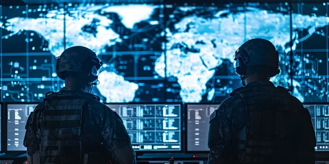 Surveillance of Advanced Satellite Communication Technology by Soldiers and Spies in a Dark Room. Concept Military Technology, Satellite Communication, Surveillance Techniques