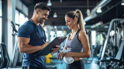 personal trainer is discussing a workout plan with a female client in a gym