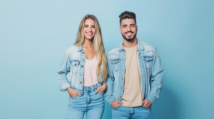 happy young couple dressed in denim, the woman with long blonde hair and the man with a beard, both smiling and standing against a light blue background