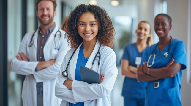 diverse group of smiling healthcare professionals, including doctors and nurses