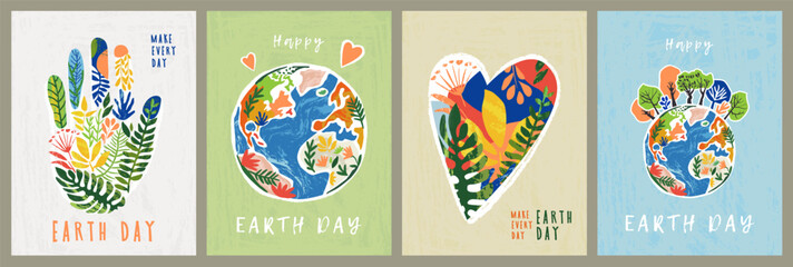 Happy Earth Day greeting card, cover or web banner set. Trendy and cute hand drawn Eco posters on the theme of caring for nature and planet Earth. Make every day Earth day. Art style design template