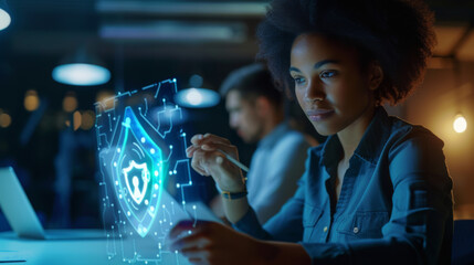 young woman in a dark room is holding a tablet displaying a glowing cybersecurity shield symbol