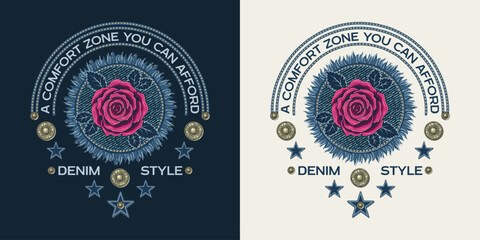 Circular label with denim patch with fringe, pink rose, jeans buttons, stars, text. Design element in vintage style. For clothing, t shirt, surface design. - obrazy, fototapety, plakaty
