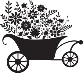 Wheelbarrow Whimsy Aesthetic Floral Symbol Design Blossom Conveyance Vector Emblem of Wheelbarrow