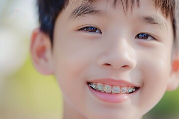 Cheerful Boy Smiling with Colorful Dental Braces - 760752088