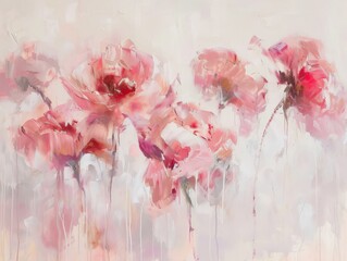A painting featuring pink flowers against a white background