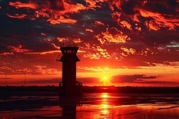Majestic Airport control tower sunset. Control air traffic. Generate Ai - obrazy, fototapety, plakaty