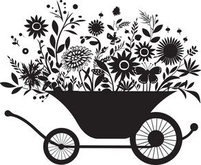 Petal Pushcart Aesthetic Wheelbarrow Logo Garden Glamour Vector Icon of Floral Wheelbarrow