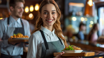 female waitress smiling and holding a plate of food