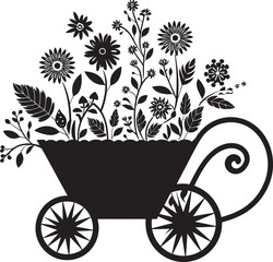 Blossom Cartage Vector Icon of Garden Wheelbarrow Petal Parade Aesthetic Floral Wheelbarrow Emblem
