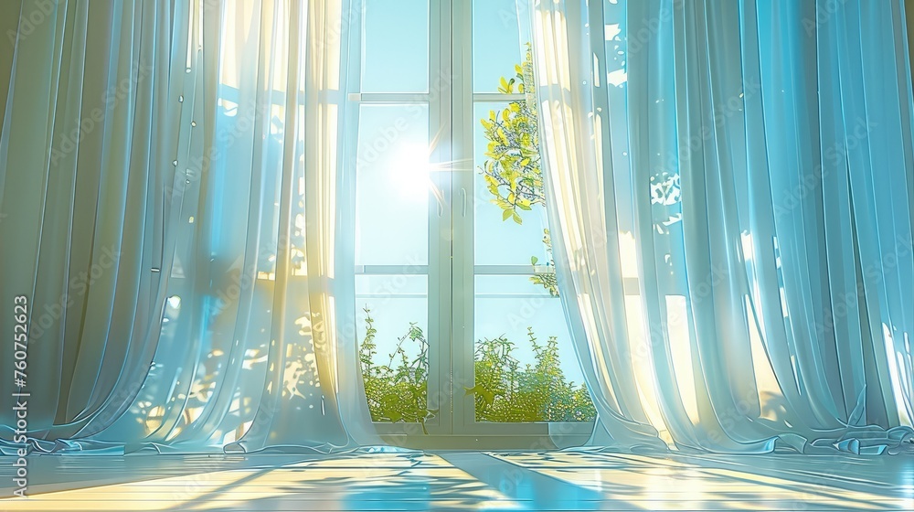 Poster a window with sheer curtains. generative ai.