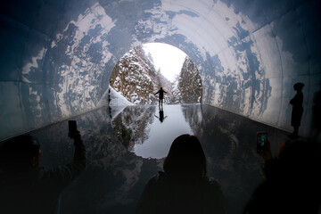 Kiyotsu Gorge Tunnel, a historic, 750-metres passageway that cuts through distinctive rock formations with art exhibition booths inside, Tokamachi, Niigata Prefecture, Japan