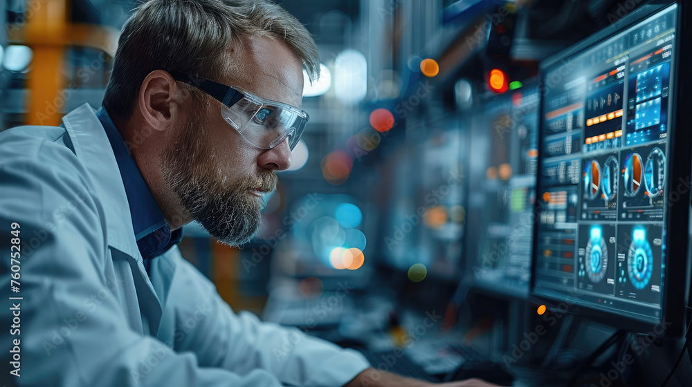 Leinwandbilder An engineer monitoring a sophisticated AI dashboard showing real-time data and predictive analytics from various sensors on industrial machinery. Generative AI.