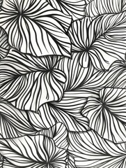 A detailed black and white drawing featuring various types of leaves, showcasing intricate textures and patterns