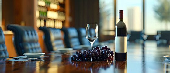 A bottle of wine sits on a table with a bunch of grapes