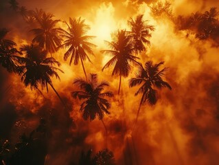 Aerial view of a Fiery skies, silhouetted palm trees, serene coastal vistas.