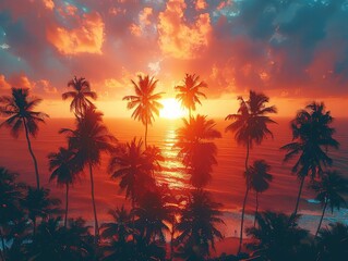 Aerial view of a Fiery skies, silhouetted palm trees, serene coastal vistas. 
