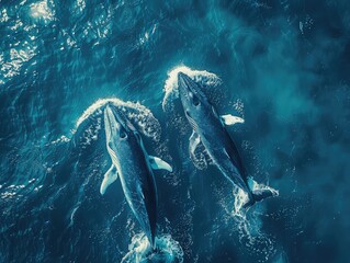 Naklejka na ściany i meble Aerial view of a Breaching whales, open ocean, marine wildlife, coastal adventure. 