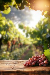 Red Grapes on Wooden Surface with Vineyard Backdrop - 760753482