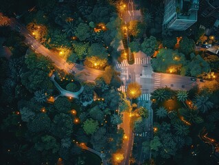 Fototapeta na wymiar Aerial view of a Illuminated greenery, city lights, nighttime tranquility. 