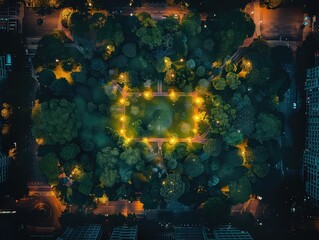 Aerial view of a Illuminated greenery, city lights, nighttime tranquility. 