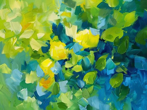 Painting of bright yellow and blue flowers against a vibrant green background