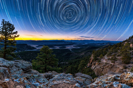 A mountain view of star trails near sunset, wide angle view of the night sky, generative ai