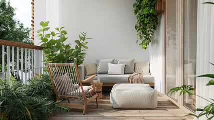 Scandinavian balcony haven with cozy textiles and lush greenery in the city.