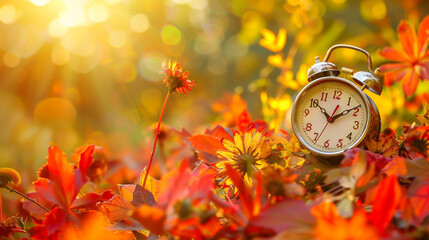 As daylight saving time ends, set your alarm clock amid vibrant summer flowers - obrazy, fototapety, plakaty