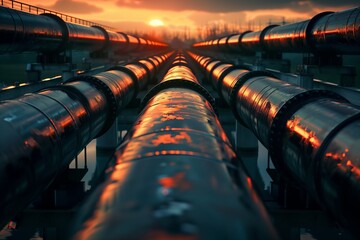 Sunset Reflection on Industrial Pipelines - 760754078